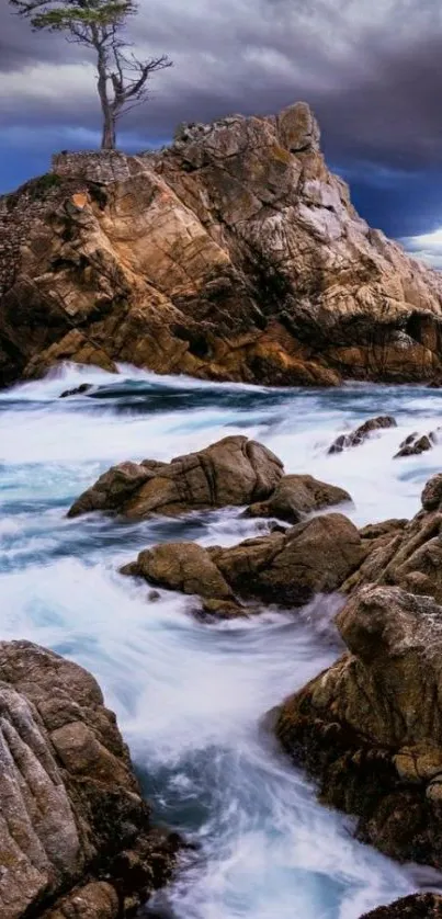 Majestic coastal cliff with ocean waves and dramatic sky for mobile wallpaper.