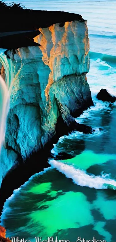 Coastal cliff with waterfall and turquoise ocean.