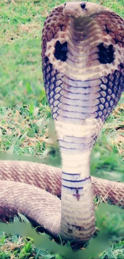 Majestic cobra with hood displayed on green grass background.