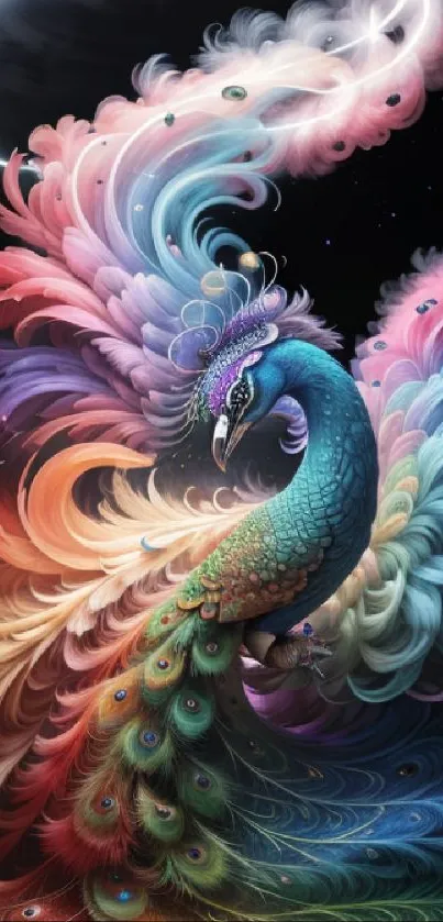 A majestic peacock with vibrant swirling ribbons on a mobile wallpaper.