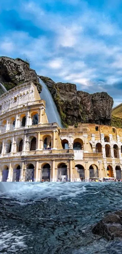 Colosseum juxtaposed with a stunning waterfall under a vibrant blue sky.