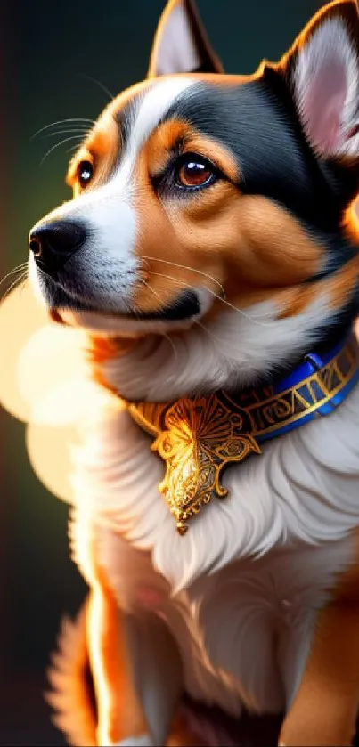 Majestic corgi with ornate collar in soft, warm glow.