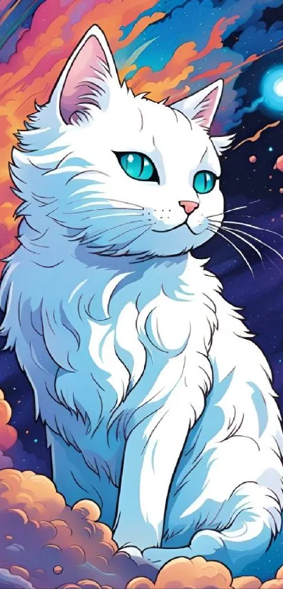 Illustrated cat in cosmic scenery with vibrant colors and clouds.