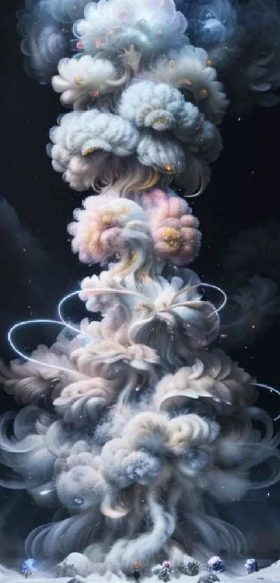 Ethereal cosmic cloud art in dynamic motion, set against a midnight blue sky.