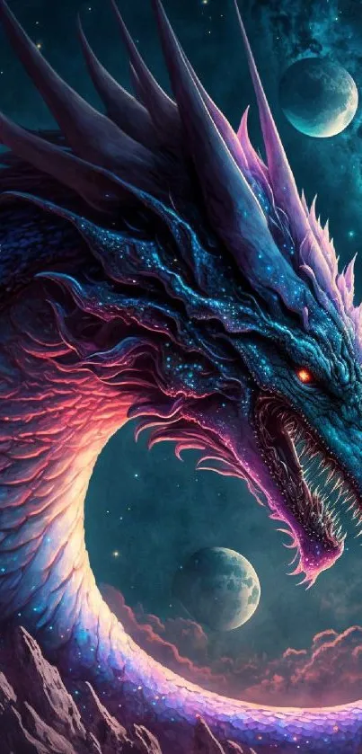 Majestic cosmic dragon under a starry sky with vibrant colors and two moons.