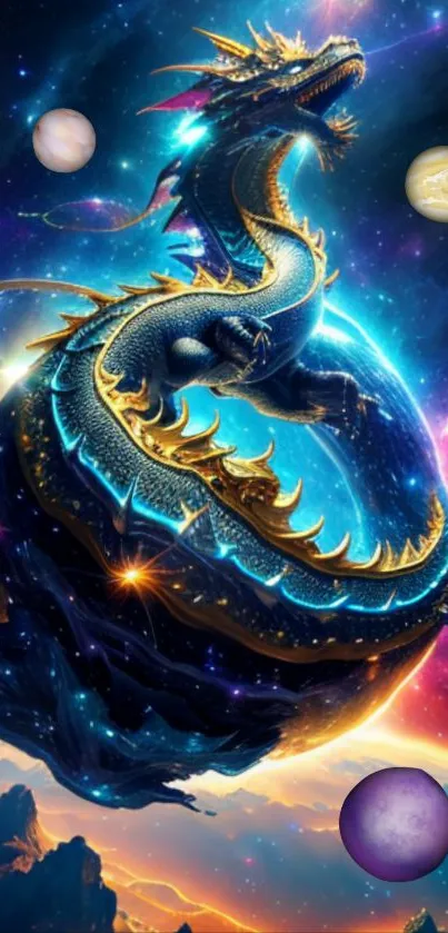 Majestic cosmic dragon in a vibrant space scene with planets.