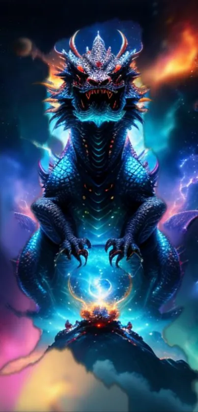 Intricate cosmic dragon amidst a vibrant nebula background.