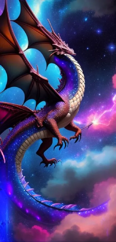 Vibrant cosmic dragon against colorful galaxy backdrop.