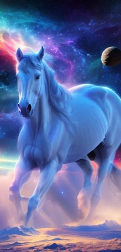 Majestic white horse in a cosmic galaxy scene with vivid colors and planets.