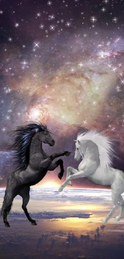 Two horses in a stunning cosmic landscape with stars and a galaxy backdrop.