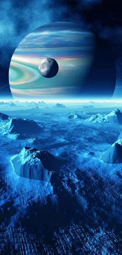 Blue icy landscape with Saturn and moon in space.