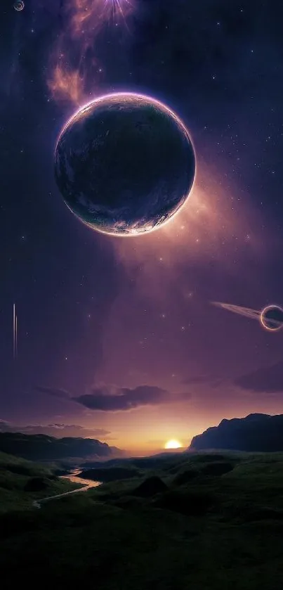 Cosmic landscape with glowing planet in midnight sky for mobile wallpaper.