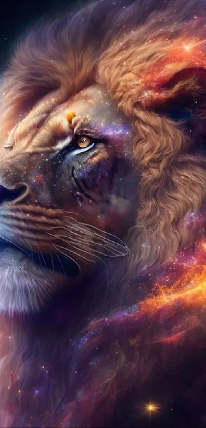 Majestic cosmic lion surrounded by vibrant cosmic clouds in a starry background.