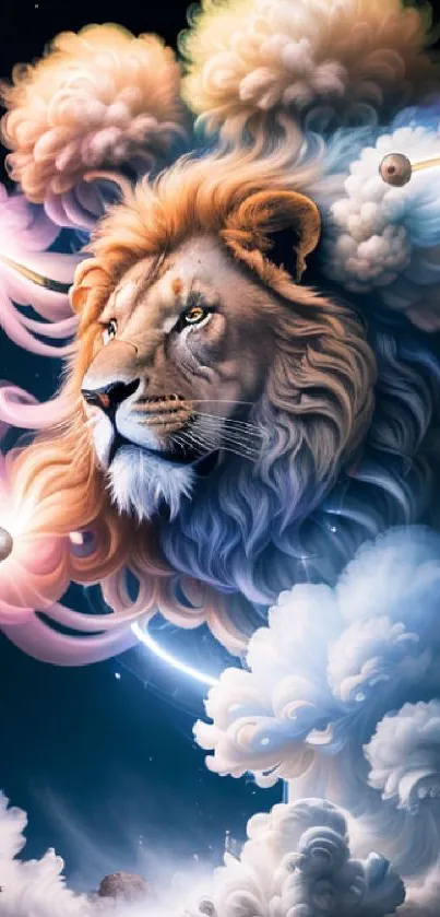 Cosmic lion artwork with colorful clouds and celestial elements.