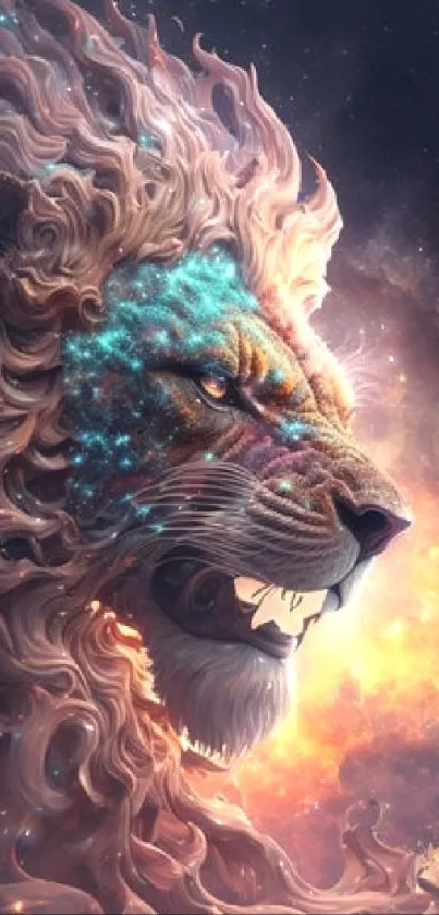 Majestic cosmic lion artwork with swirling galaxy background.