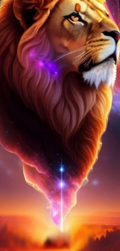 Majestic lion in a cosmic, vibrant digital artwork with purple hues.