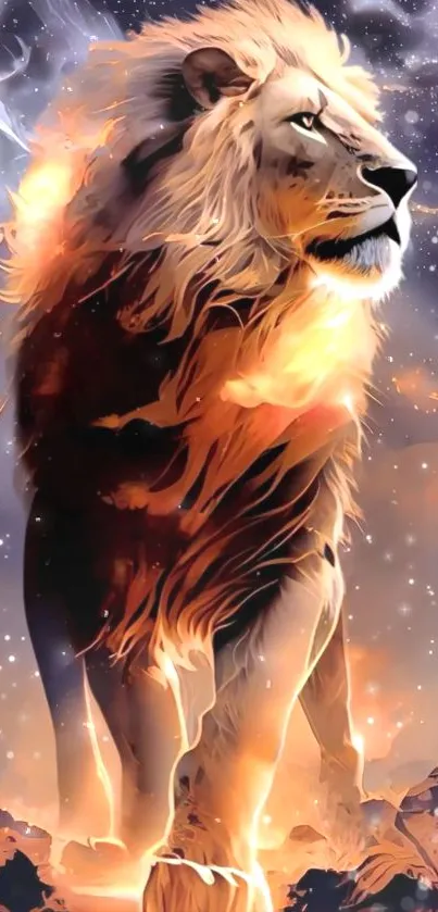 Majestic lion with fiery mane in a starry cosmic setting, radiant and powerful.