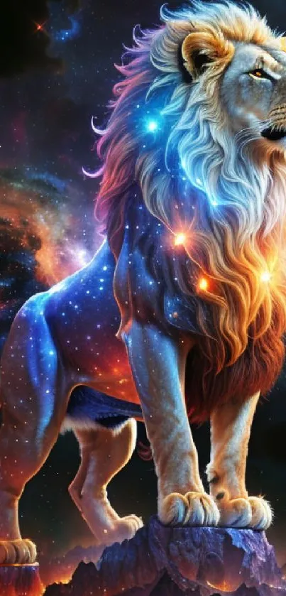 Majestic cosmic lion standing on rocky terrain, illuminated by a galaxy background.