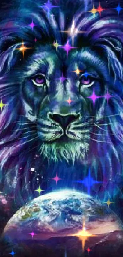 Majestic cosmic lion with vibrant colors in space-themed digital art.