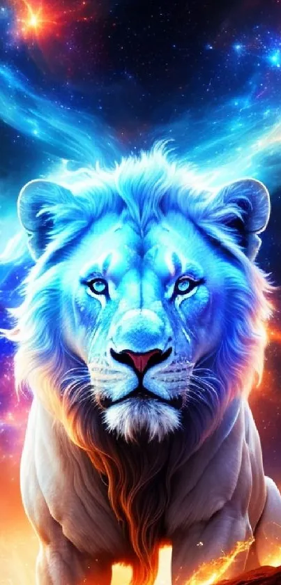 A majestic cosmic lion in blue and orange hues set against a nebula background.