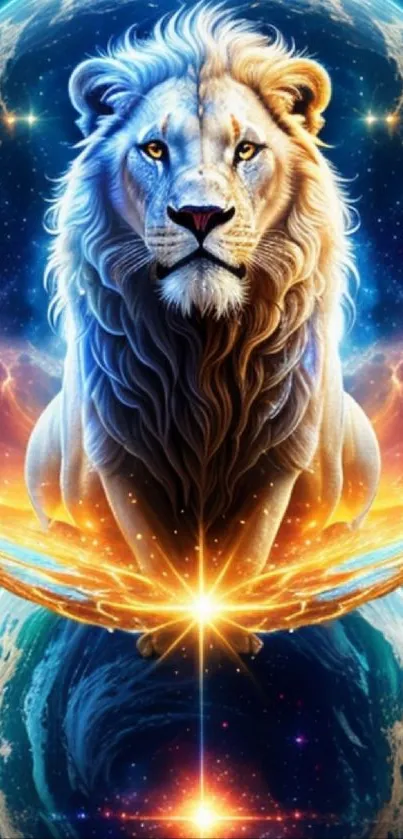 Majestic cosmic lion with vibrant colors and celestial backdrop.