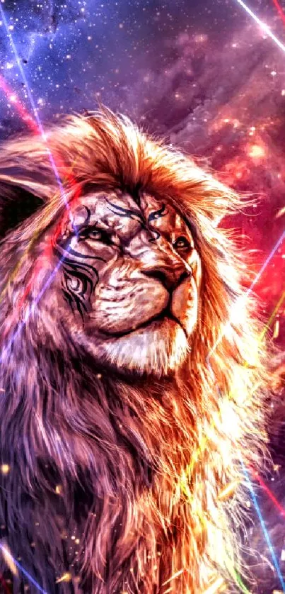 Majestic cosmic lion with galaxy backdrop.