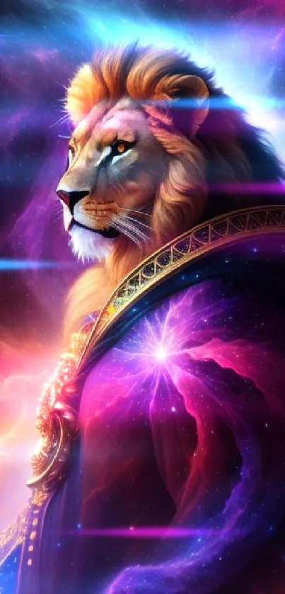 Regal lion in cosmic galaxy art wallpaper with vibrant colors.