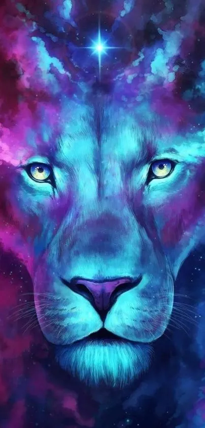 Vibrant cosmic lion wallpaper with blue and purple hues.