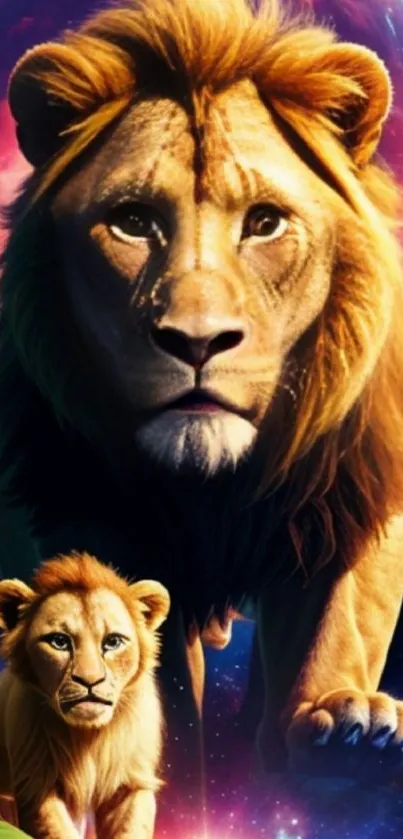 Majestic lions in a cosmic fantasy setting.