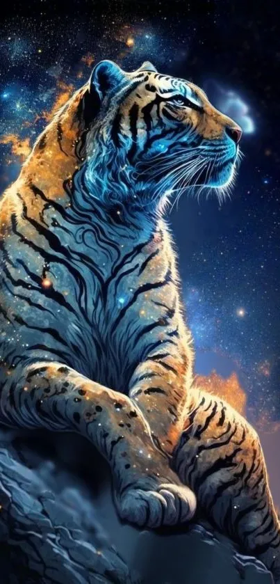 Tiger sitting on a rock with a cosmic starry background.