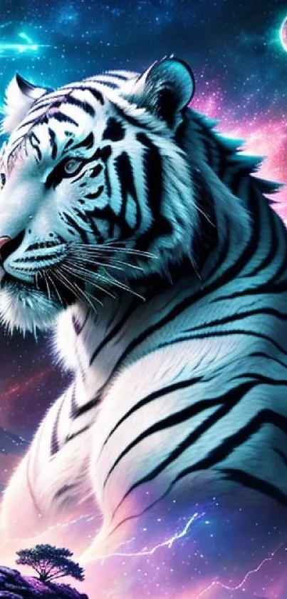 White tiger in a cosmic night sky wallpaper.