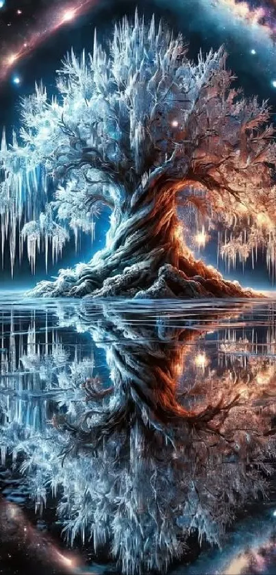 A cosmic icy tree reflecting on water with a galaxy background.