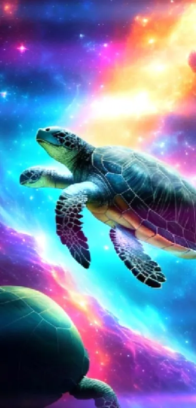 Cosmic turtles swimming in vibrant galaxy wallpaper.