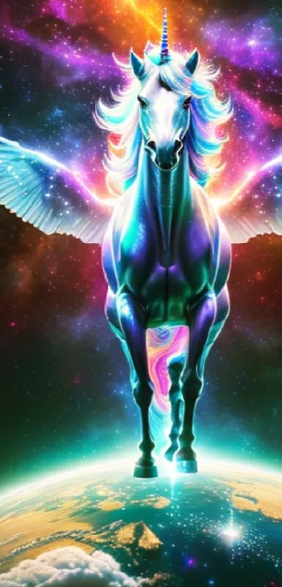 Majestic unicorn with wings in cosmic space.