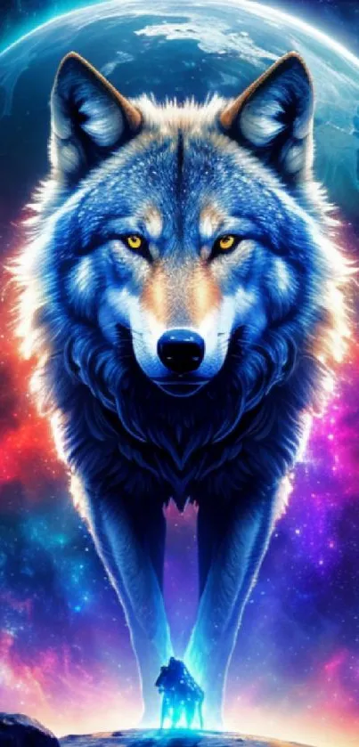 Cosmic wolf standing majestically with a glowing galaxy backdrop.