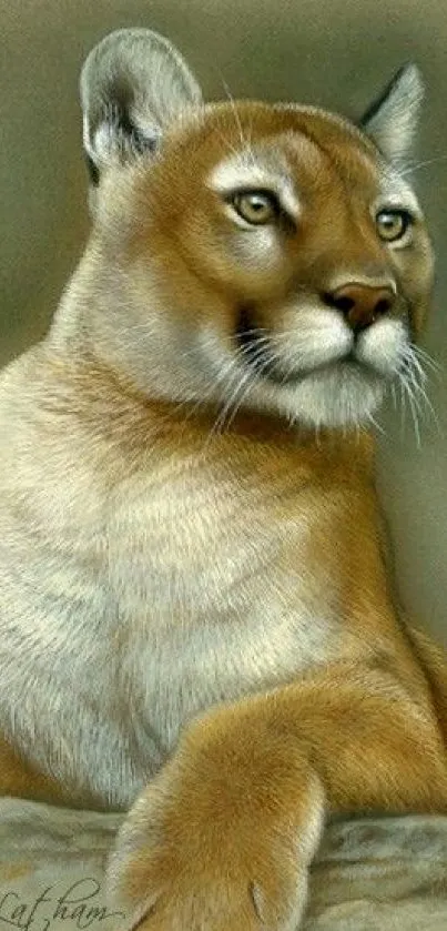 Majestic cougar lounging in soft brown hues on a serene background.