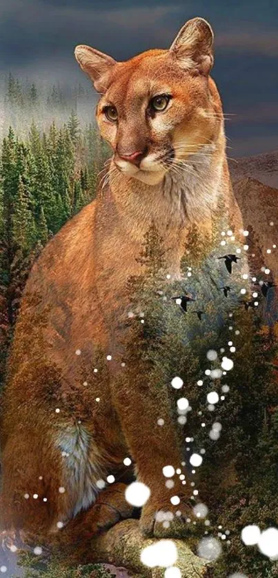 Majestic cougar sitting in a serene forest with artistic elements.