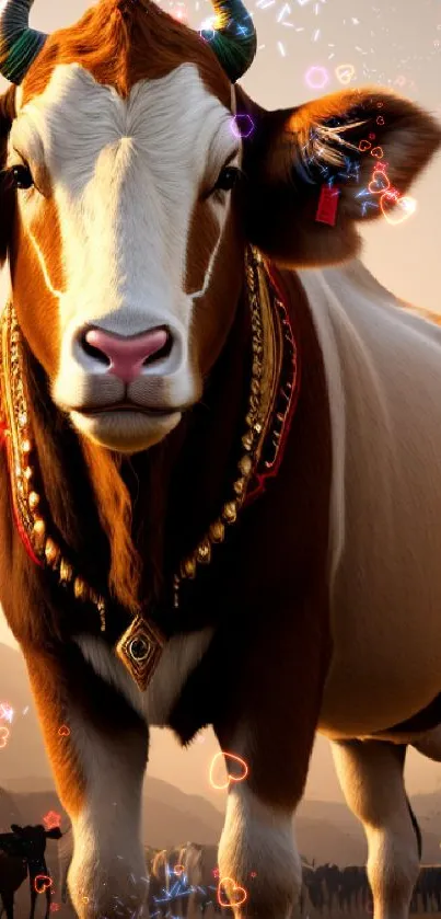 Majestic cow adorned in sunrise light, showcasing nature's beauty.