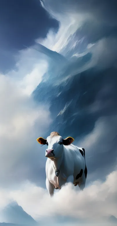 Majestic cow in front of misty mountains, serene background.