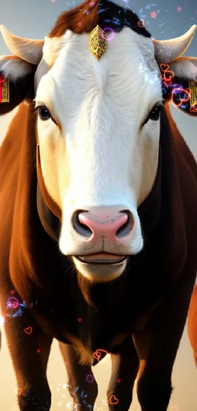 Majestic cow with jewelry in serene setting mobile wallpaper.