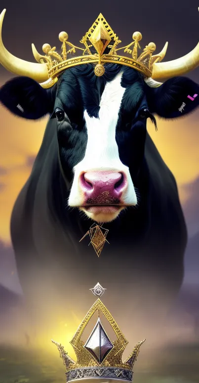 Majestic cow with a golden crown against a sunset background in mobile wallpaper.