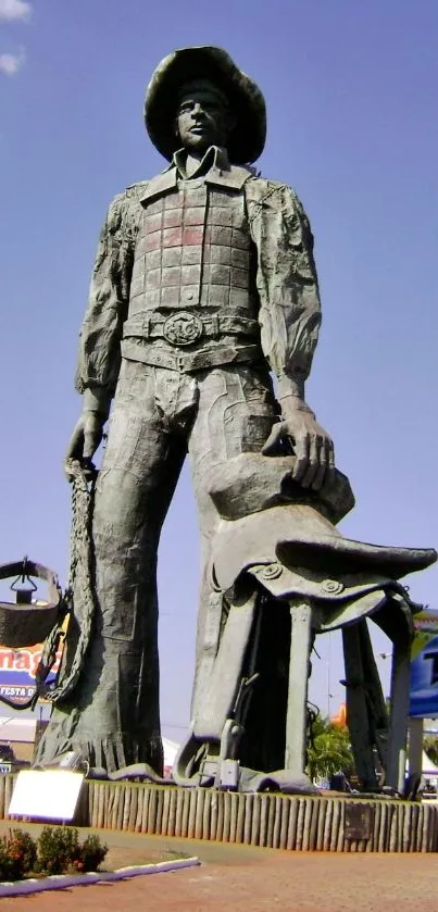 Towering cowboy statue under a blue sky with surrounding greenery.