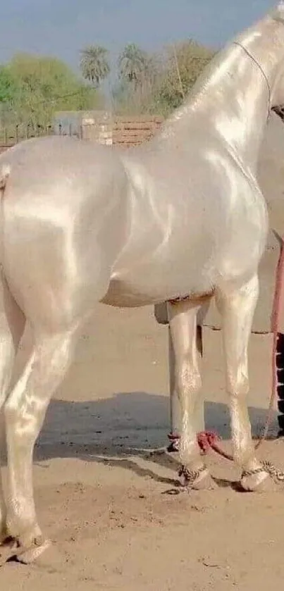 Cream-colored horse standing elegantly outdoors.