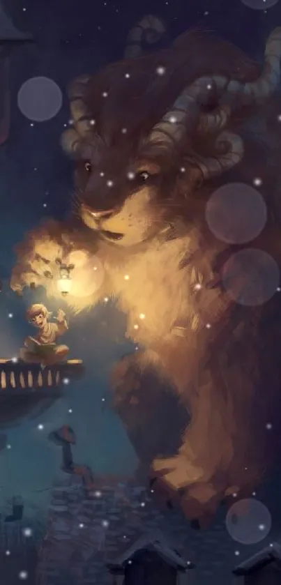 Fantasy art with a mystical creature under a starry night sky holding a lantern.