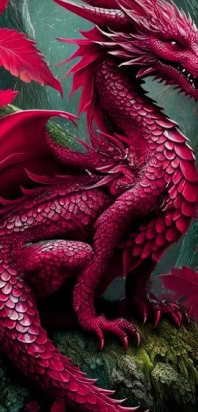 Majestic red dragon perched on a rock with vibrant surroundings.