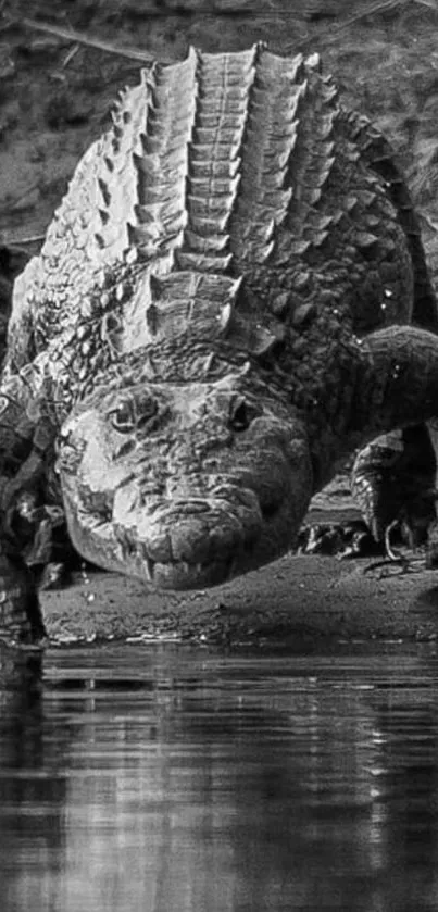 Black and white close-up of a walking crocodile by the water's edge.