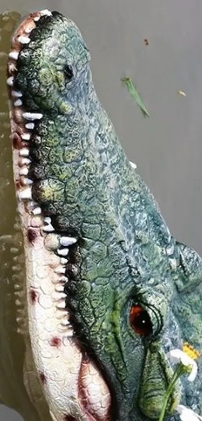 Close-up of a crocodile's head in water with green textured skin.