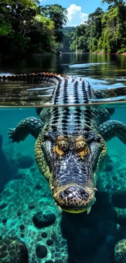 Crocodile swimming in a clear river with lush green surroundings.