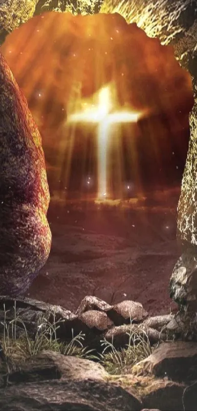 Radiant cross illuminating a mystical cave scene.