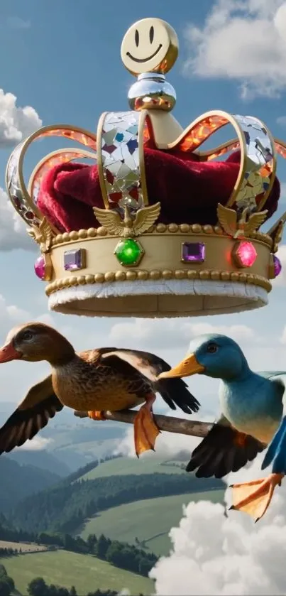 Majestic crown and flying ducks in cloudy sky wallpaper.